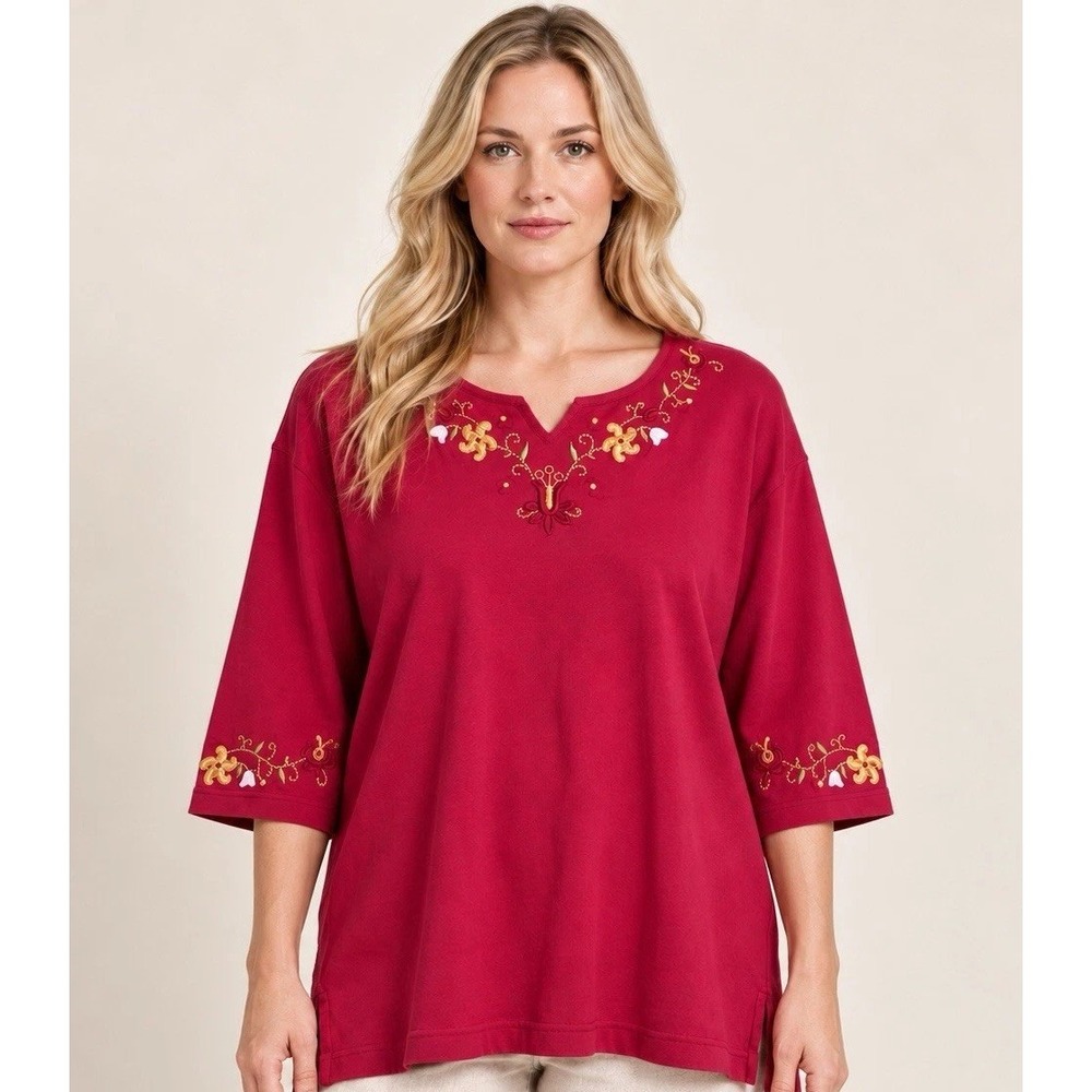 Bechamel Raspberry Floral Embroidered 3/4 Sleeve Whimsy Cotton Tunic Top Size XL